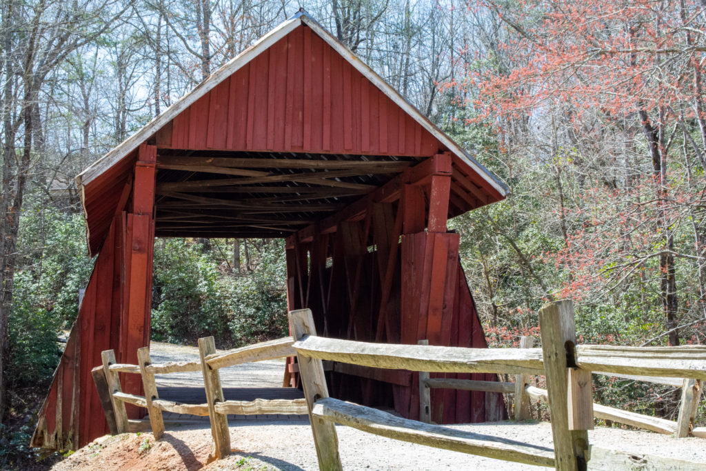 View of an old red covered bridge