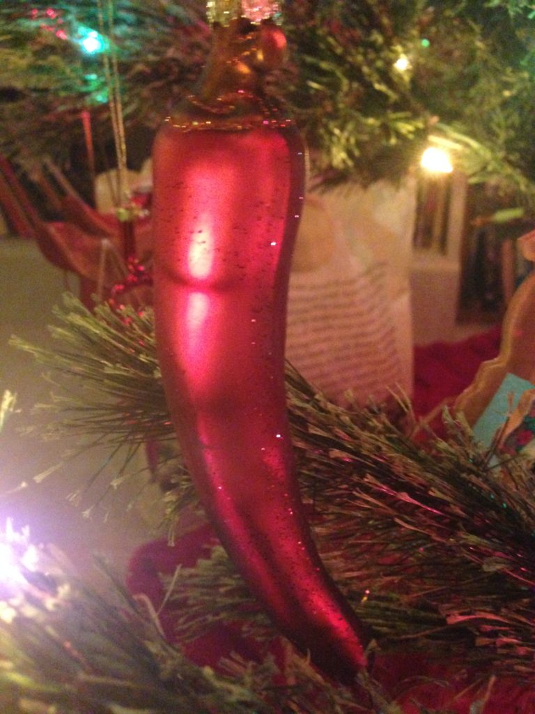 A blown-glass chili pepper ornament