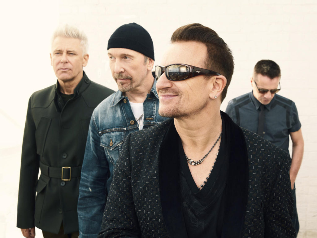 The band U2 left to right: Adam Clayton, The Edge (Dave Evans), Bono (Paul Hewson), Larry Mullen, Jr.